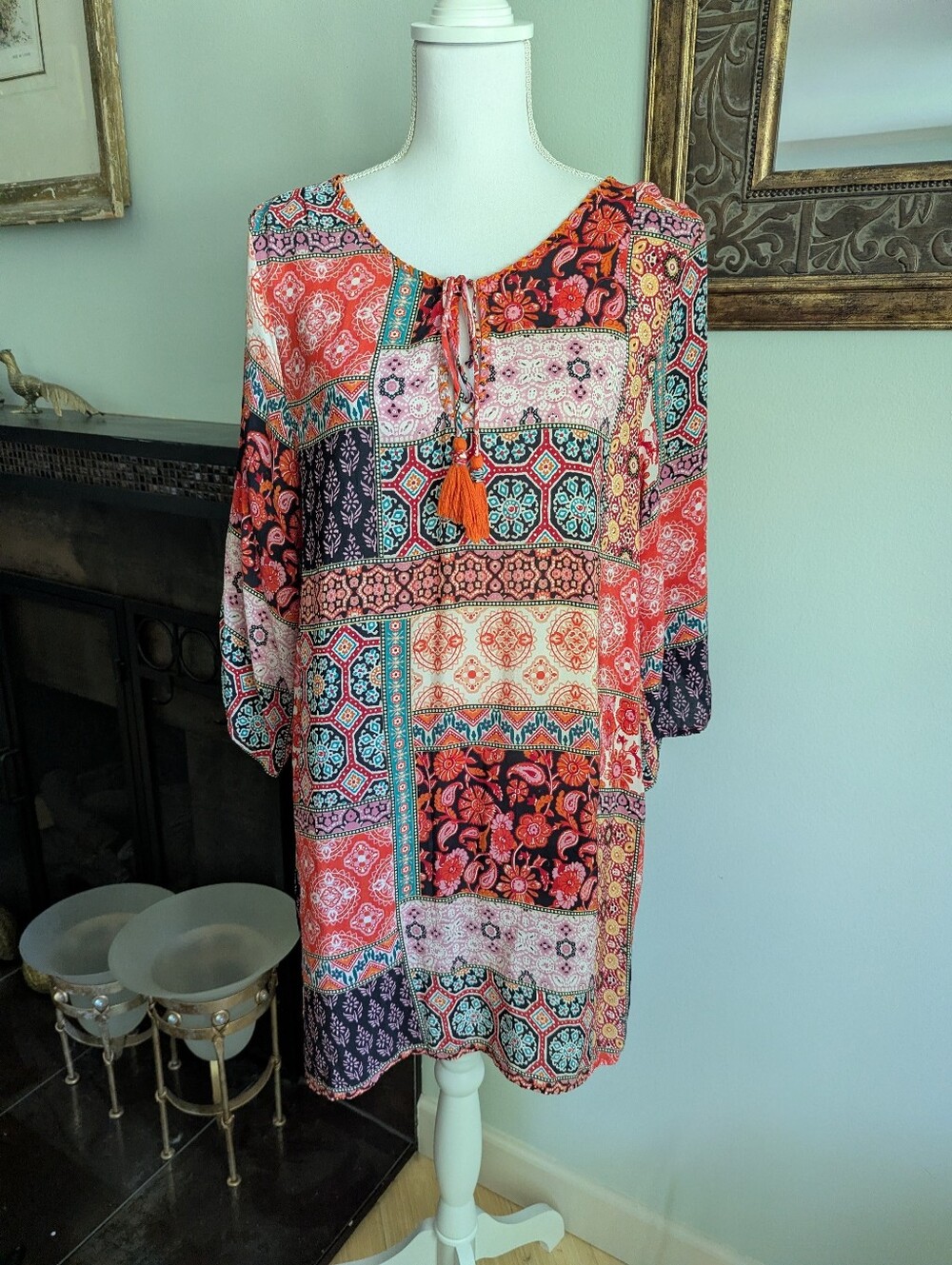 Tolani Women's Medium Silk Long Tunic Coverup Patchwork Mixed Print 3/4 Sleeve